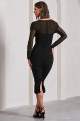 Black Ruched Mesh Long-Sleeved Bodycon Midi Dress